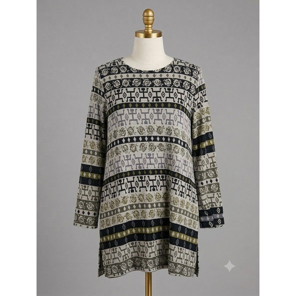 Gudrun Sjoden Organic Cotton Geometric Lagenlook Tunic Sweater Pockets - L